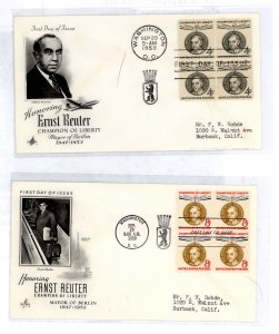 US 1136-37 1960 Ernst Reuter (set of two) part of Champion of Libert series/blocks of 4 - on two addressed (typed) FDC with Artc