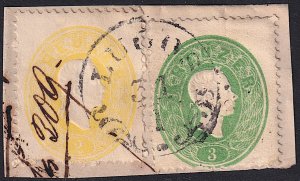 Austria - 1860 - Scott #12,13 - used on piece - LUGOS pmk Romania