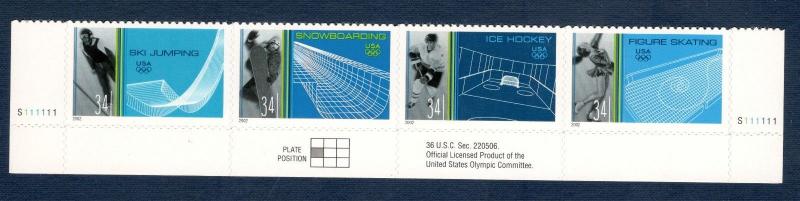 3552-55a Winter Olympics Strip Of 4 W/ Plate Numbers MNH (Free Shipping)