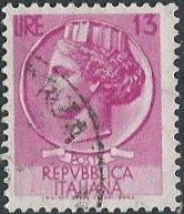 Italy 678 (used) 13 lire Italia, brt lilac rose (wtmk 303, 17x21mm) (1955)