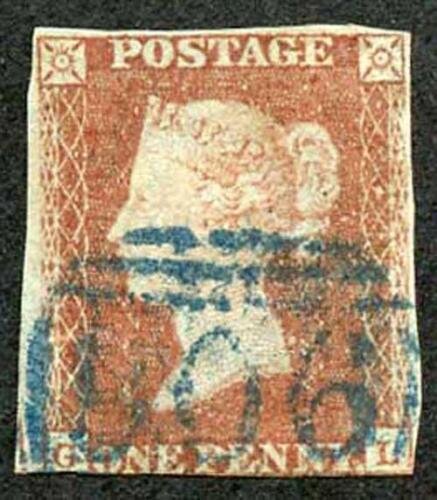 1841 Penny Red (GL) with Woburn 906 Cancel in Blue Crease Cat 250 Pounds 