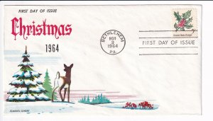 1964 Christmas FDC, Fluegel Cachet, Sc #1254, Bethlehem, PA (S33042)