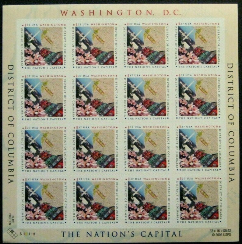 Scott 3813 37¢  - District of Columbia  Washington, DC - MNH Sheet of 16