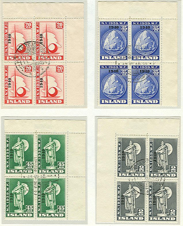 ICELAND #232-5 (256-9), Complete set Worlds Fair w/1940 Ovpt, Corner Margin USED