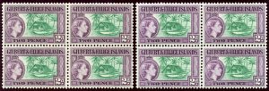 Gilbert & Ellice Island 1962 QEII 2d in both shades in blocks MNH. SG 66, 66a.