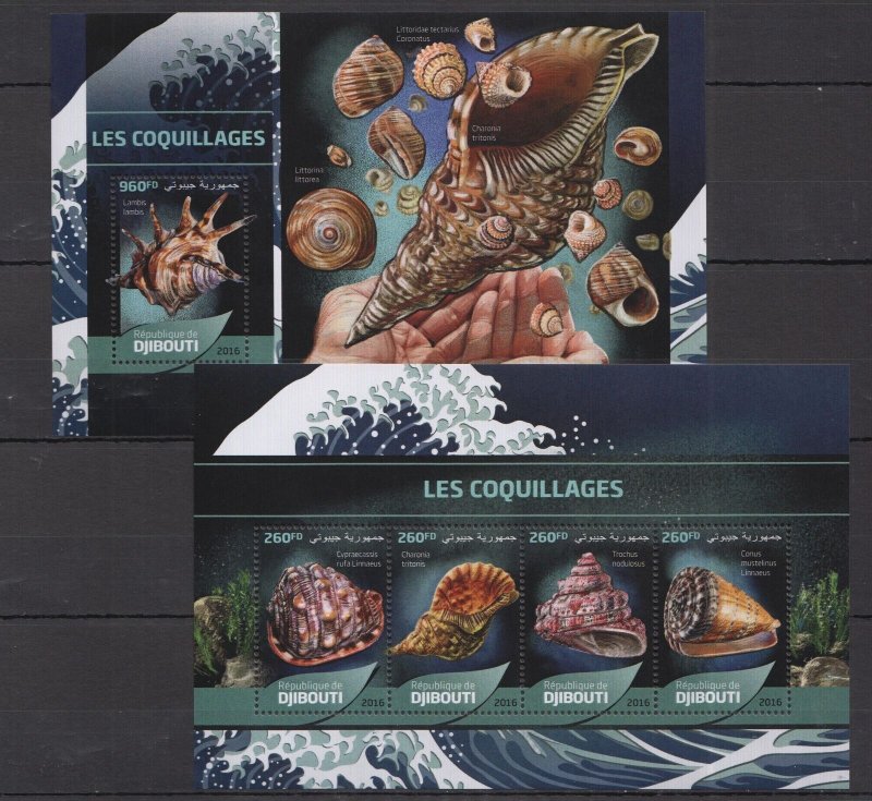 B0410 2016 Djibouti Seashells Marine Life Fauna #1234-1238 Kb+Bl Mnh