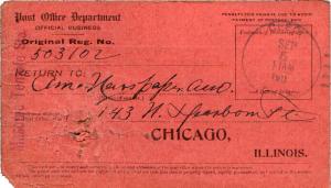 United States Oklahoma Cleo 1911 4a-bar  1894-1917  Registry receipt card.