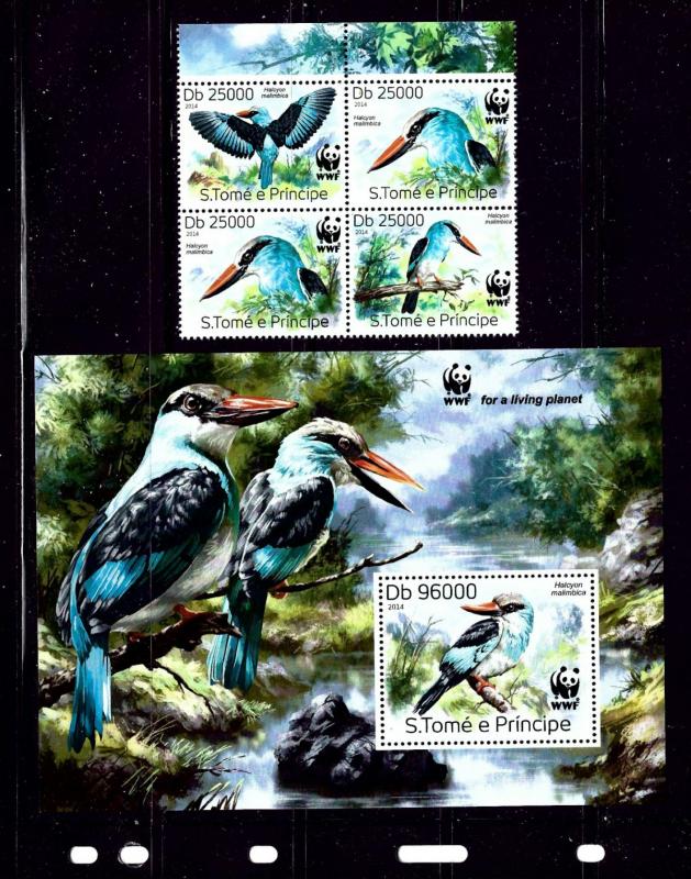 St Thomas and Prince Is 2669-70 MNH Birds block of 4 and S/S