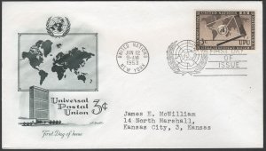 United Nations SC#17 3¢ Universal Postal Union FDC (1953) Addressed