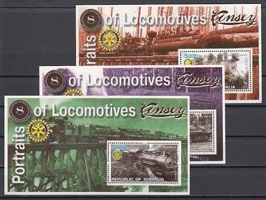 Somalia, 2002 Cinderella issue. Locomotives on 3 s/sheets. Rotary logo. ^