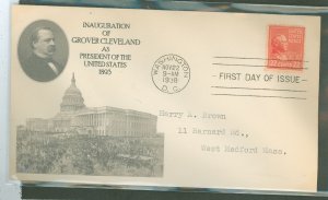 US 827 1938 22c Grover Cleveland (part of the 1938 Presidential/Prexy series) single on an addressed (typed) FDC with a Clarence