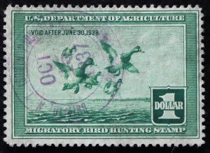 U.S. Used Stamp Scott #RW4 $1 Federal Duck Hunting. 1937 Cancel. Scott: $65.00