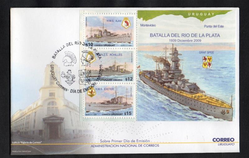 WWII BATTLE OF RIVER PLATE GRAFF SPEE SHIP WARSHIP BOAT URUGUAY Sc#2284 FDC 