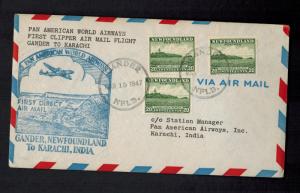 1947 Newfoundland First Flight Cover FFC to karachi India Pan American Airways 