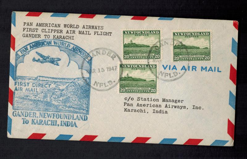 1947 Newfoundland First Flight Cover FFC to karachi India Pan American Airways 