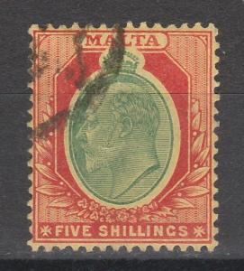 MALTA 1904 KEVII 5/- WMK MULTI CROWN CA USED TOP VALUE