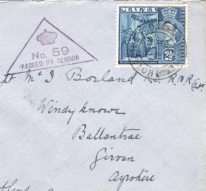 MALTA WW2 Cover Notabile TRIANGULAR CENSOR *No.59* 1940 Ayrshire Girvan KA258