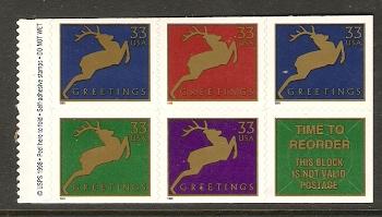 #3364-3367 Deer: pane of 5 from Vending Booklet Mint NH