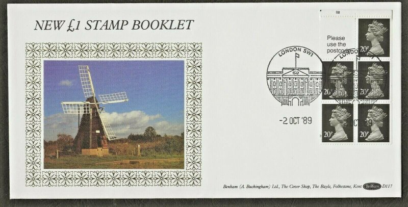 2/10/1989 £1.00 WICKEN FEN MILLS-VENDING BOOKLET CYLINDER NUMBER FDC