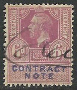 GREAT BRITAIN 1921 KGV 6d CONTRACT NOTE Revenue Bft.26 VFU