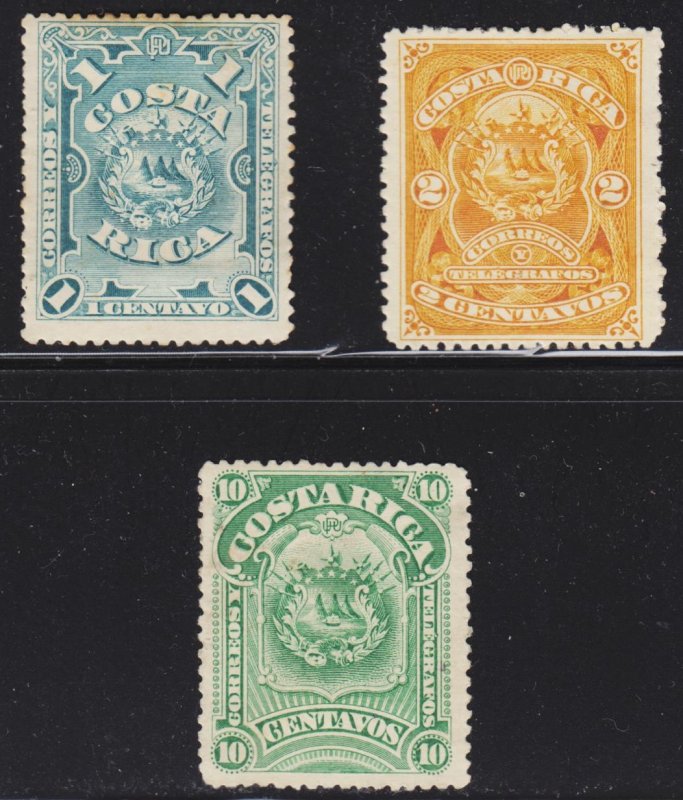 Costa Rica Scott 35-36, 38 F to VF mint & unused no gum.