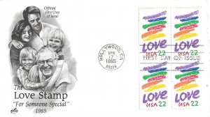 1985 FDC, #2143, 22c LOVE, Art Craft, plate block of 4