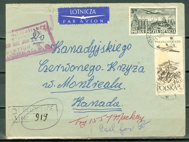 POLAND 1955 NICE REGISTERED AIR COVER TO CANADA