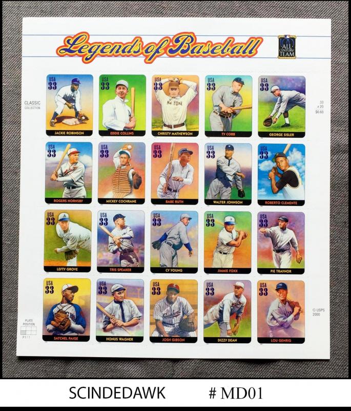 UNITED STATES USA - 2000 LEGENDS OF BASEBALL / SPORTS - 20V Miniature sheet MNH