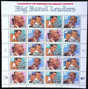 U.S. Used #3099A 32c Big Band Leaders Sheet of 20. Double Oval Cancel. Scarce!