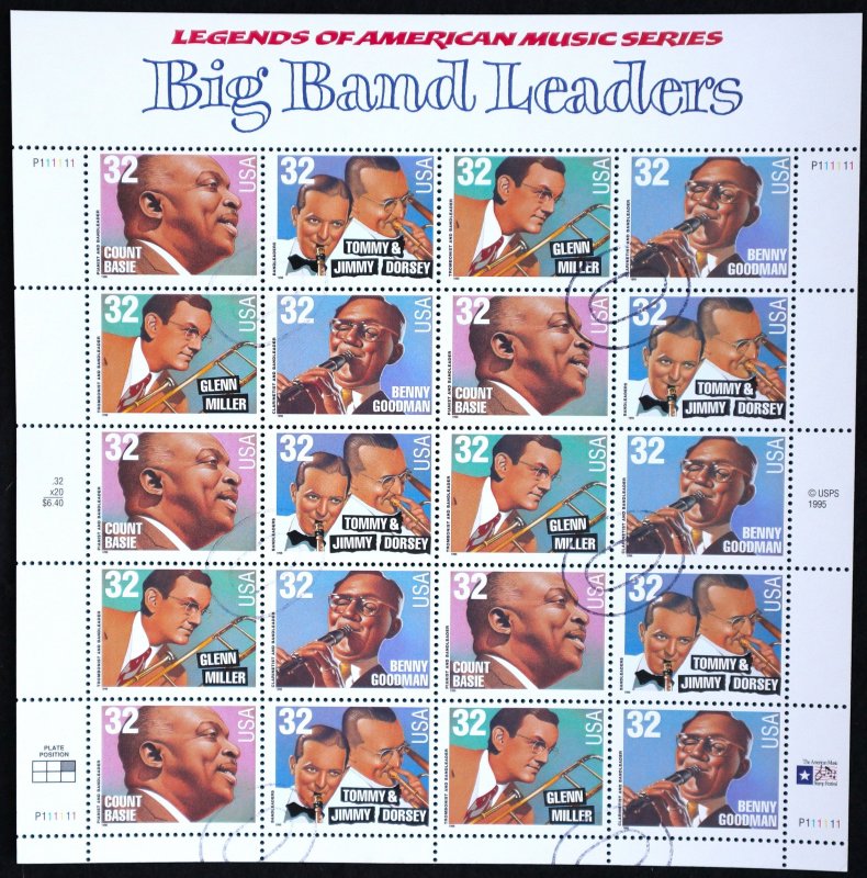 U.S. Used #3099A 32c Big Band Leaders Sheet of 20. Double Oval Cancel. Scarce!