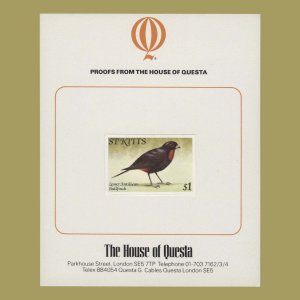 Saint Kitts 1981 (Proof) $1 Bullfinch imperf single on presentation card ✔️