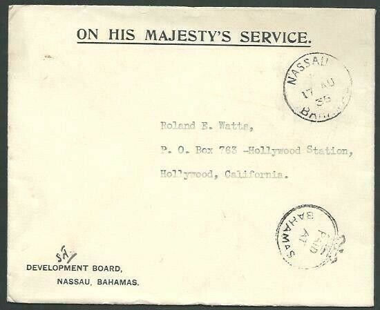 BAHAMAS 1935 OHMS cover to USA, Crown circle PAID AT BAHAMAS...............53260