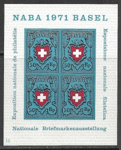 SWITZERLAND 1971 NABA BASEL Stamp Exhibition Souvenir Sheet Plate 15 Sc 530 MNH