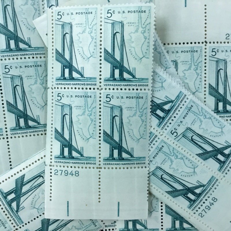 1258   Verrazano Bridge, New York   25 MNH 5 cent plate blocks  Issued in 1964