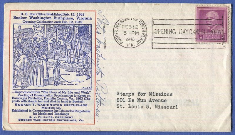 US 1948 Booker T Washington P. O. cover, signed by Portia Washington Pittman