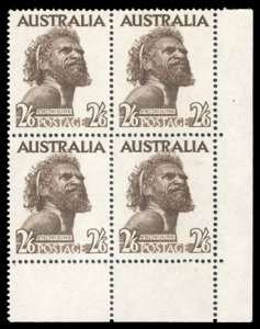 Australia #248 Cat$23, 1952 2sh6p dark brown, corner margin block of four, ne...