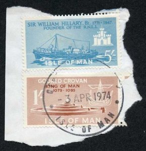 Isle of Man 5/- Blue and 1/- Brown QEII Pictorial Revenues CDS On Piece