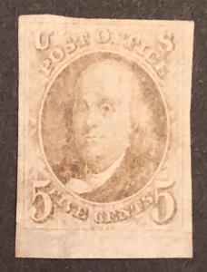 TangStamps US #1 Franklin 4 Margins Appears Unused No Gum (Lightened Cancel?)