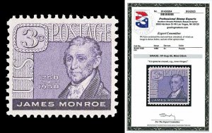 Scott 1105 1958 3c James Monroe Issue Mint Graded XF-Sup 95 NH with PSE CERT