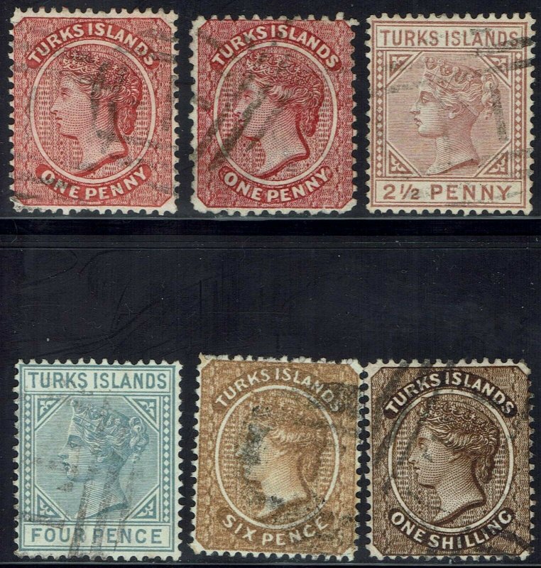 TURKS ISLANDS 1882 - 93 QV RANGE TO 1/- INCLUDING 1D PERF 12 & 14 USED WMK CA