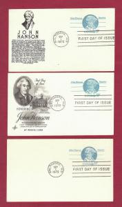 1972 6c JOHN HANSON #UX64, UY23, 3 FDCs