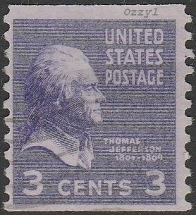 USA #842 1939 3c Violet Thomas Jefferson Coil. USED-F-VF-H.