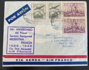 1948 Buenos Aires Argentina First Day Airmail Cover To Paris France 20th Anniver