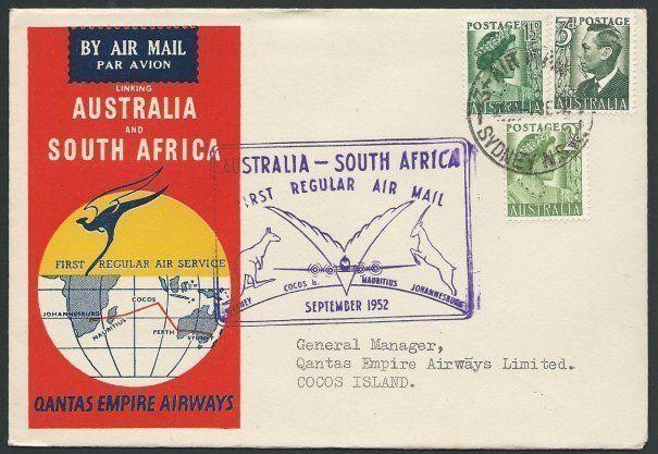 COCOS IS R.A.A.F.P.O. cds on reverse Qantas 1952 flight cover..............46315