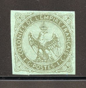 French Colonies Scott 1 Unused HR - 1862 1c Eagle and Crown - SCV $24.00