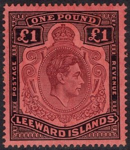 LEEWARD ISLANDS 1938 KGVI £1 PURPLE AND BLACK ON CARMINE PERF 14