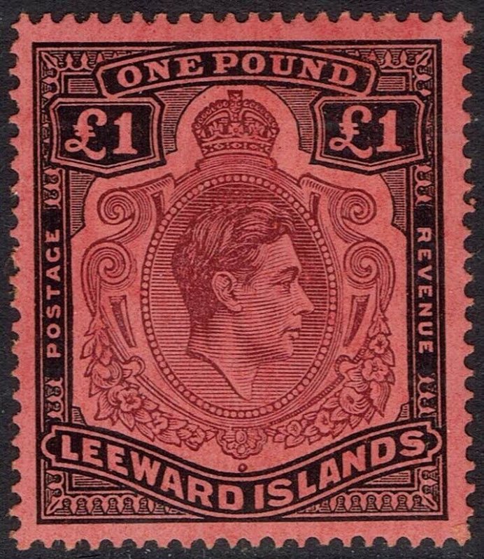 LEEWARD ISLANDS 1938 KGVI £1 PURPLE AND BLACK ON CARMINE PERF 14