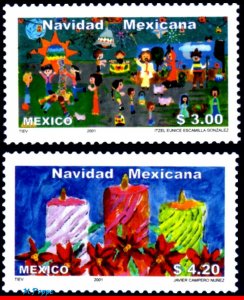 2244-45 MEXICO 2001 CHRISTMAS, CHILDREN DRAWING, ART, RELIGION, MI# 2942-43, MNH