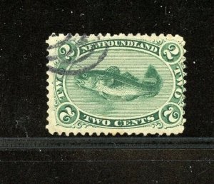 Newfoundland #24 (NE778) codfish 2¢ green, used, F,FVF