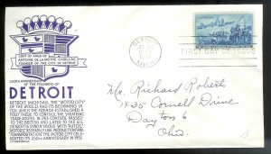 UNITED STATES FDC 3¢ Detroit Founding 1951 Anderson Cachet